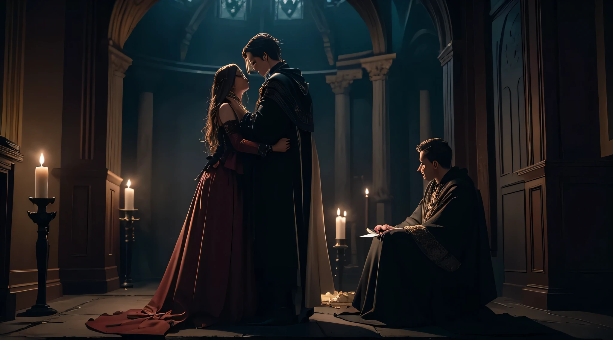 Generate an image showcasing the Harpers devising a plan to break the curse, with a ritual involving courage, sacrifice, and a profound understanding of the love that turned to ash.