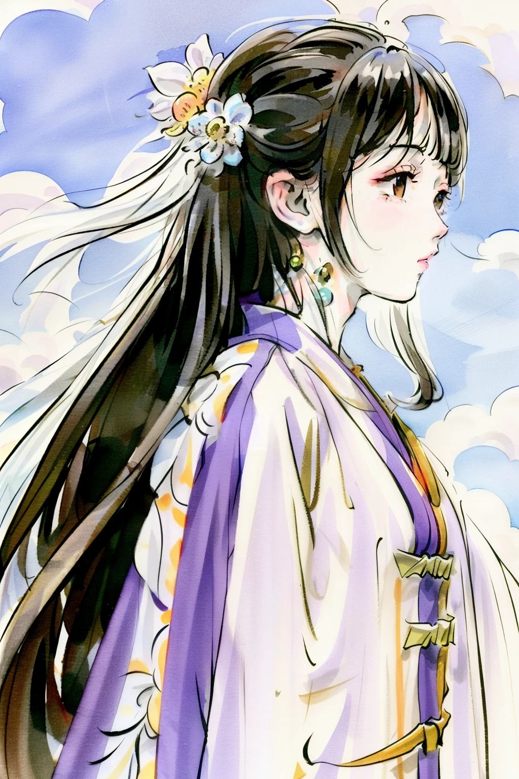 A picture of a woman with long hair,A flower stuck in his hair, Colorful costumes,The background is blue sky and white clouds
