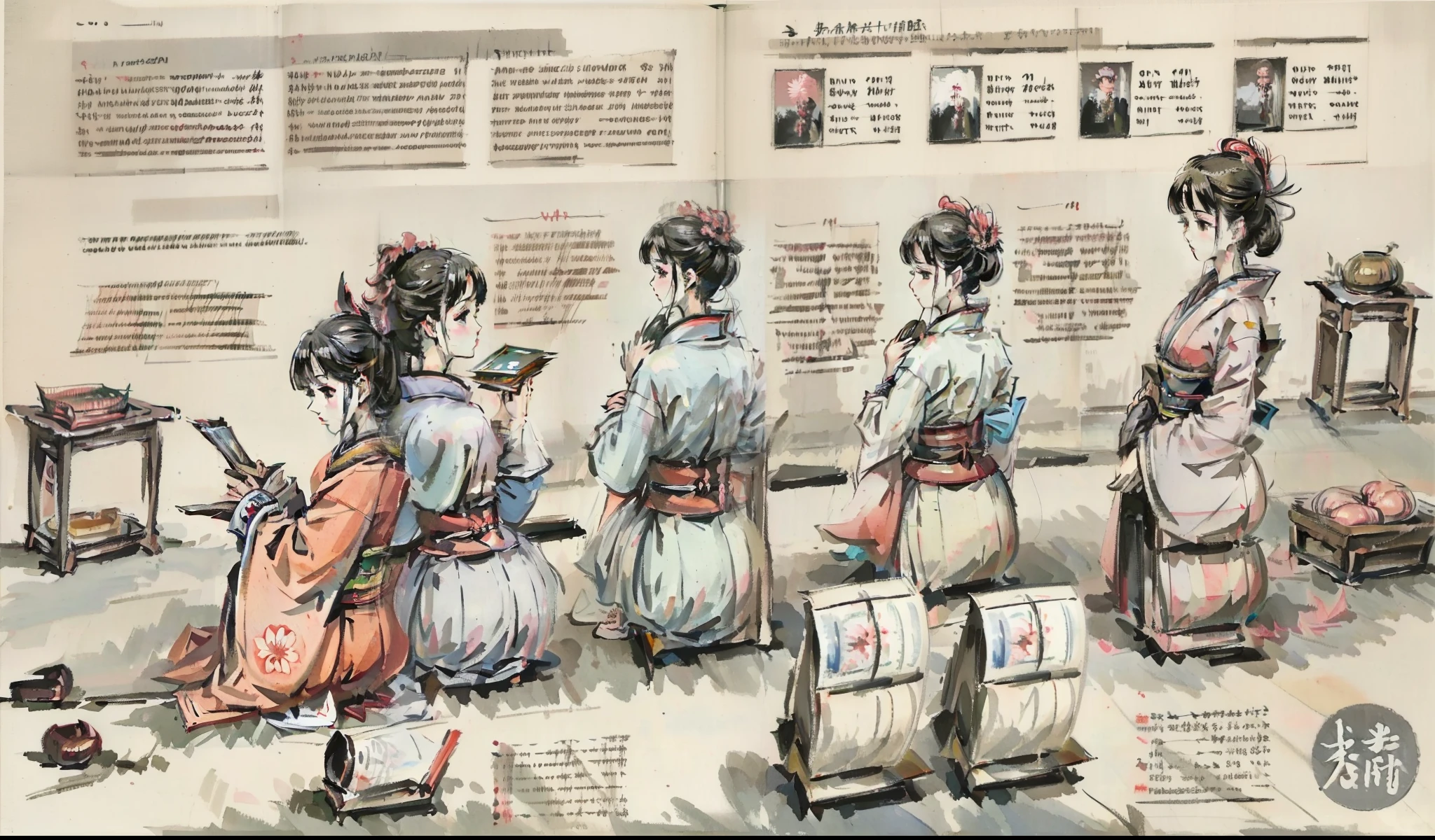 arafed newspaper article with a bunch of women in kimono, newspaper illustration, by Géza Dósa, magazine illustration, editorial illustration, by Oswaldo Viteri, magazine illustrations, by Nuno Gonçalves, by José Comas Quesada, gazeta, by Julio González, godesses, inspired by Oswaldo Viteri, Detalhes artisticos sobre a vida das gueishas e dos samurais. Arte japonesa, arte na parte de cima da imagem, separate bottom for notes, flores de cerejeira, separate images on one page, Artistic manual, desenhos detalhados, cores vibrantes, Extremamente colorido