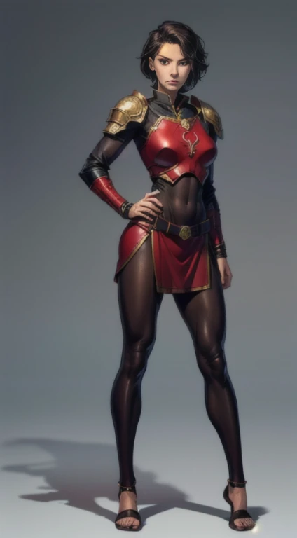 no background, background clean, standing character full body ((solo)), warrior female beautiful adult, perfect fitness body, beautiful charming cute face, serious face, short black hair, pretty detail eyes, beautiful detailed lips, extremely detailed eyes and face, red armor lorica hamata, bare legs, bare abdomen, leather sandals