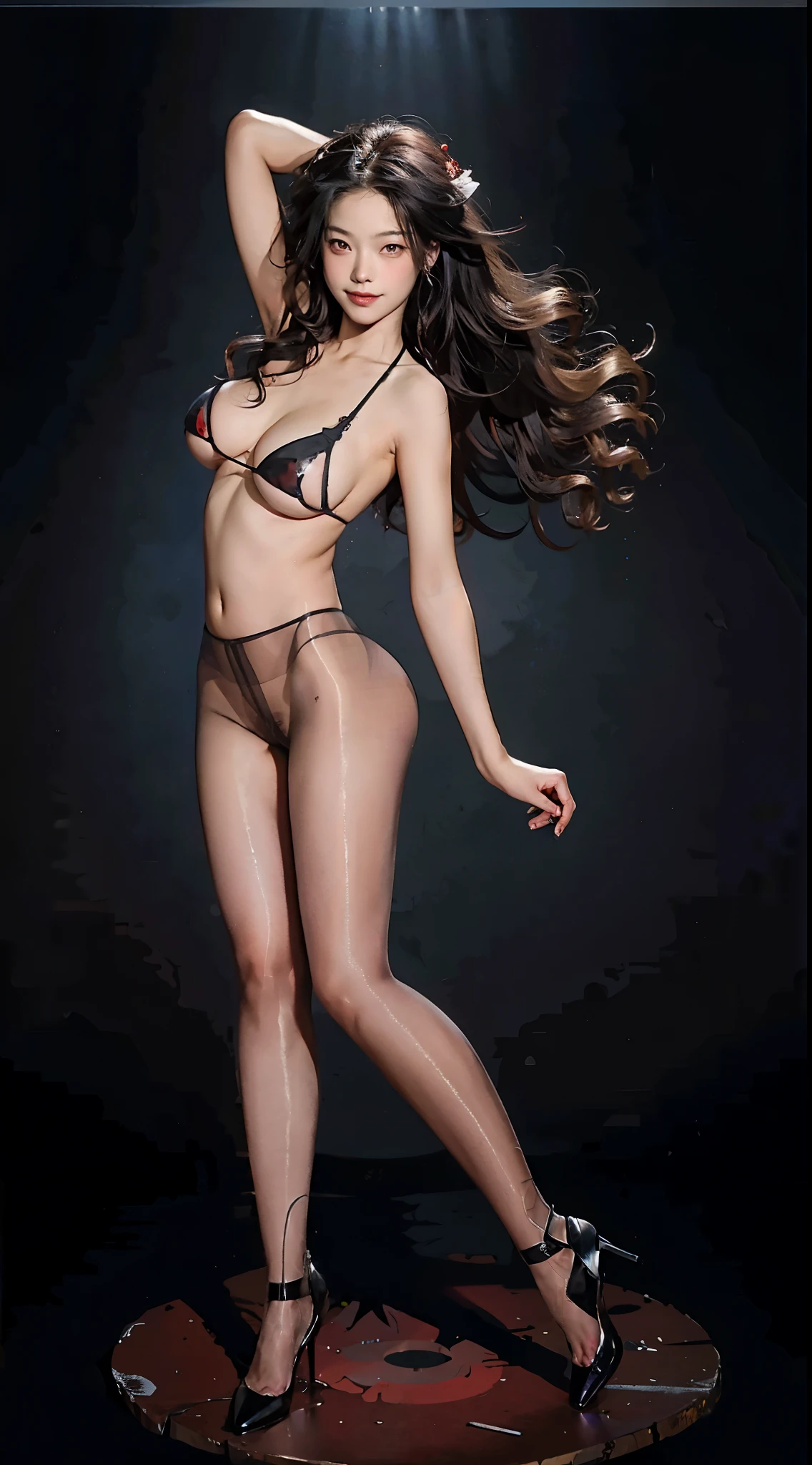 tmasterpiece,Best quality at best,tmasterpiece,cute smiling,delicated face,winged succubus,Hosoo,beautiful figure,perfect body figure,red eyes,Long gray hair,Full body frontal view,front bikini,blackstockings,Come forward with your whole body facing the camera,model pace,