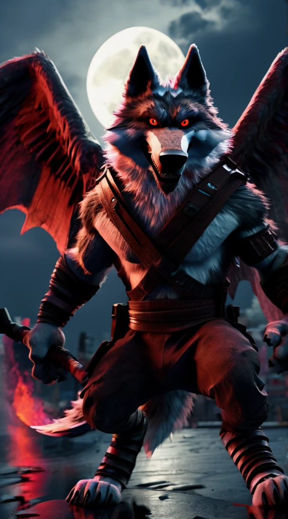 death wolf wearing a Ninja outfit looking at the viewer serious expression beautiful black angel wings a realistic background of destroyed New York holding a sword in his left hand glowing red eyes and a full moon in the background ultra realistic digital art in 3D full HD quality super high.
