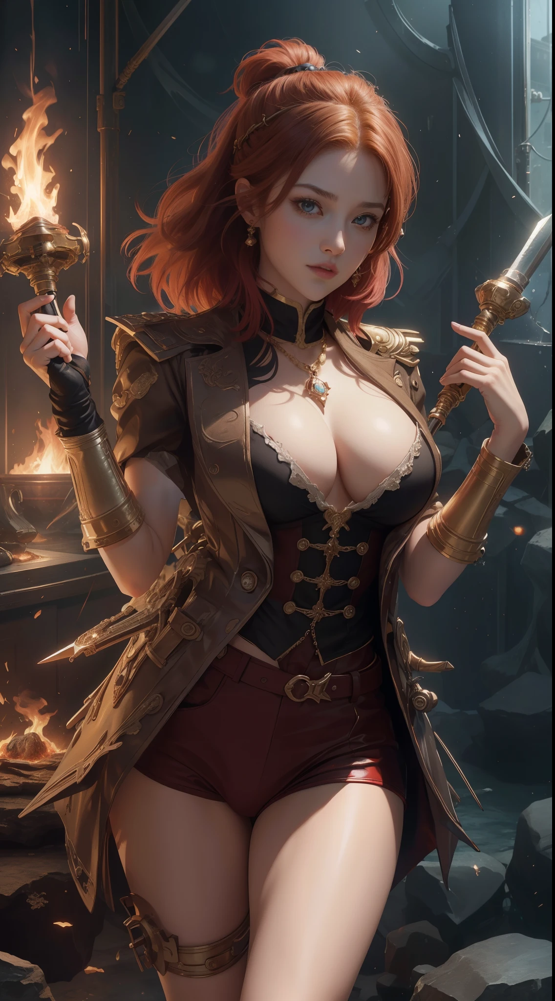 tmasterpiece，Highest image quality，Beautiful bust of a noble pirate girl，Exquisite red super short hairstyle，tying  hair，Clear golden eyes，Hand-held fire hammer，Age of Discovery Pirate Suit，Ultra-detailed details，advanced。At the Pixiv Art Station，Break your own power，Louie，Big breasts exposed，R-18G