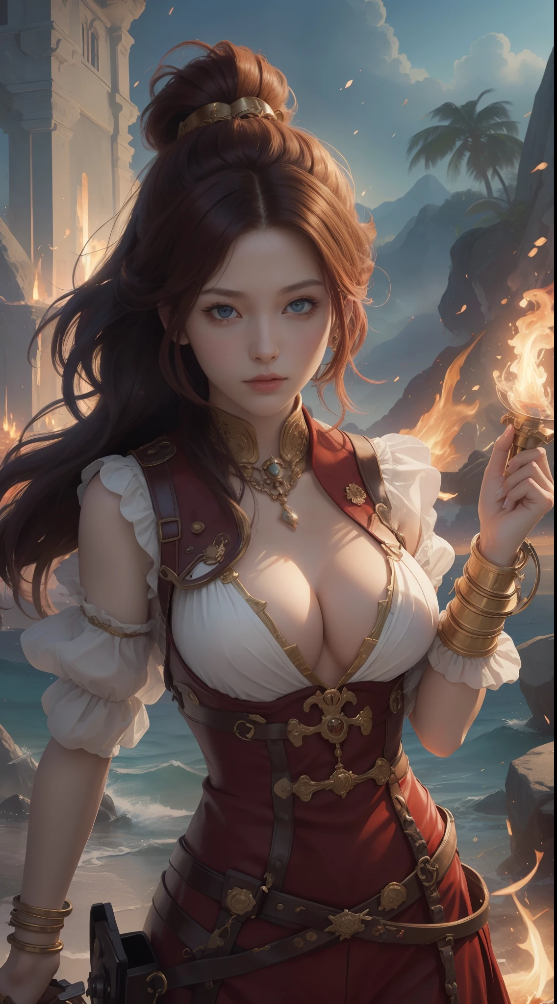 tmasterpiece，Highest image quality，Beautiful bust of a noble pirate girl，Exquisite red super short hairstyle，tying  hair，Clear golden eyes，Hand-held fire hammer，Age of Discovery Pirate Suit，Ultra-detailed details，advanced。At the Pixiv Art Station，Break your own power，Louie，Big breasts exposed，R-18G