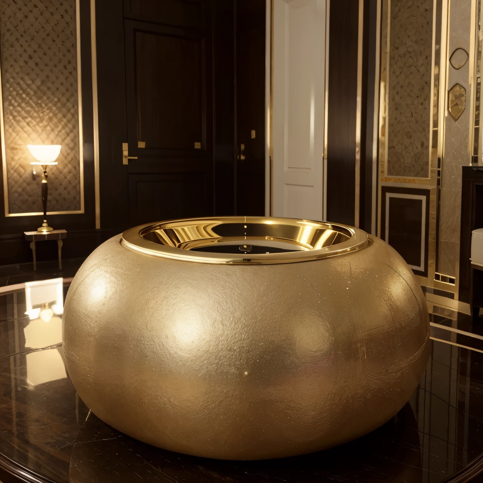 Uma embalagem elegante com um fundo predominantemente dourado, conveying a feeling of luxury and quality. O nome "Aura" is featured, utilizando uma fonte sofisticada em tom dourado mais intenso para enfatizar o nome da marca. There may be subtle details of ornaments or textures that add a refined touch to the packaging.