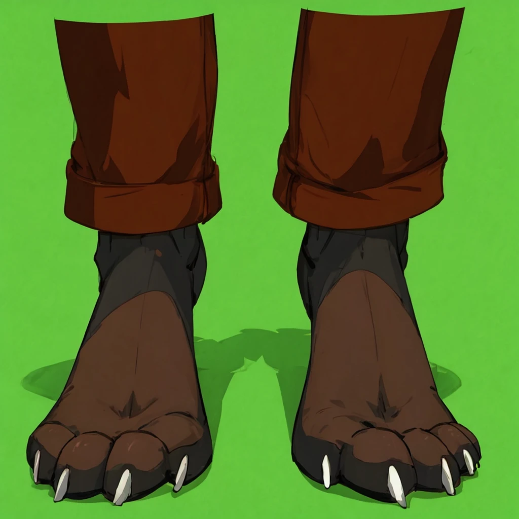 Generate a high-quality image of paws under red pants. The paws is slightly wider feet positioning. The pants should have realistic lighting and shadows to add depth and dimension to the image. The black furry paws should have white nails and a well-defined texture. Ensure that the image has a professional and polished appearance