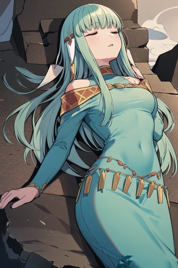 Ninian is lovingly languid in active castle battle after losing a tough battle, lieing lifeless and inert on debris, rubble, and smoke surrounds her. Her tea-length dress has brown dust and black bruises on it; Ninian takes slow and painful breaths and her blue and gold open-toe stilletos lie beside her. She cannot move from her prone position lieing on her back, unable to open her eyes or breath. (Ninian), (blue hair, blue eyes, small shapely breast, long hair, clammy and dirty face), (Dress), (long tea-length blue drenched dress, bare shoulders, more small jewlery, brown dust and black marks on dress, languid in a dark grey murky castle battle, anguished facial expression, closed eyes, open mouth, shallow labored painful breaths) (anguished closed eyes:1), (Ninian languid, prone on her back, defeated in rubble, heavy smoke, and metal shards around her:1.5), Ninian is listless and motionless in a dark grey smokey castle:1.0, Ninian is sullied and dirty:1.2, (Ninian lieing in debris and a dust cloud:1.0), inside has rubble and dust and scraps of metal, two blue and gold open-toe stilletoes around her (4K quality, high quality, 4k quality Ninian and dress:1.0), (solo, one person, 1girl:1.5), ninian fe, red eyes, long dress, jewelry, dancer