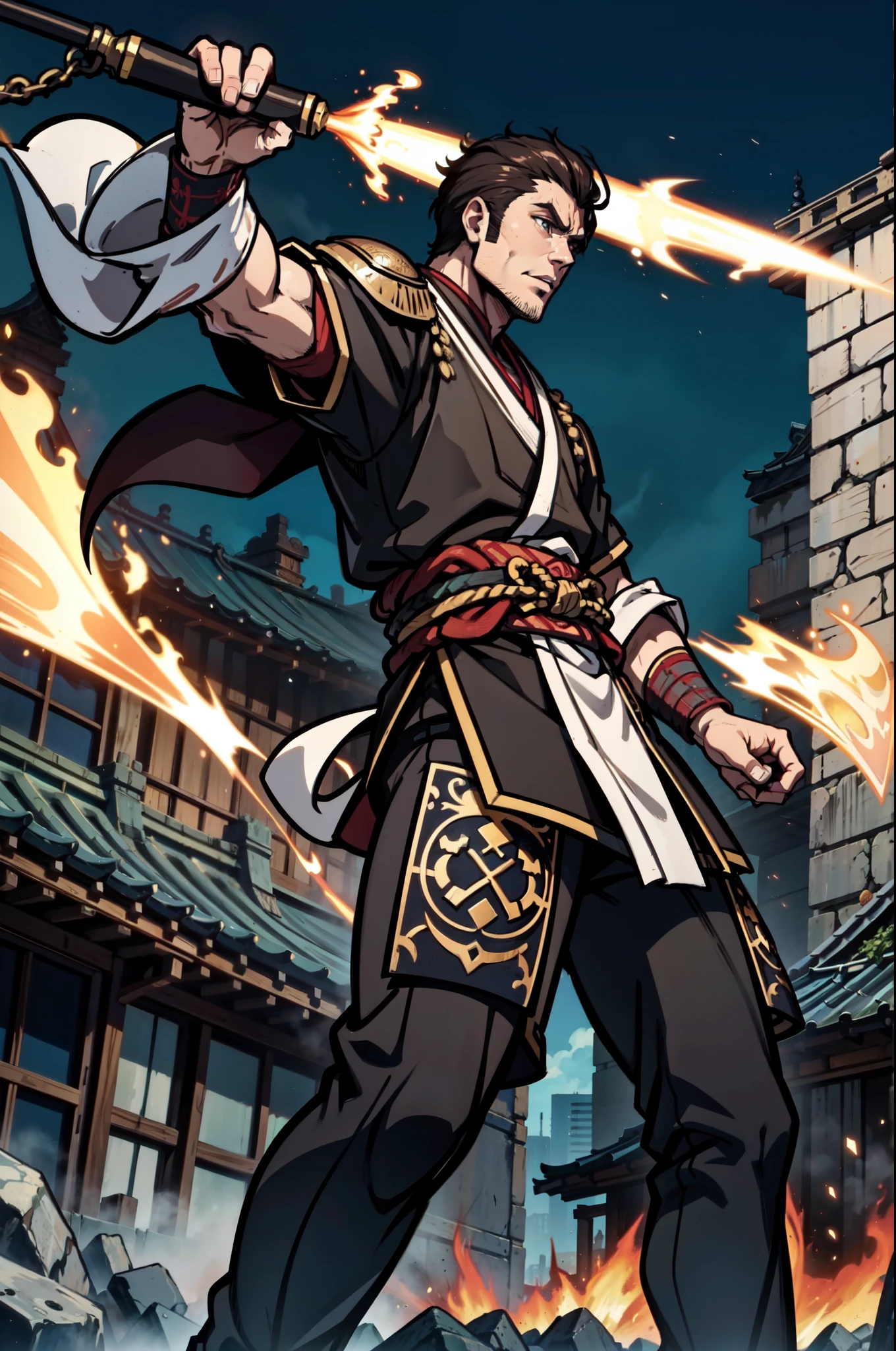 el heroe hombre griego semidios perseo, estilo shogun en una lucha epica batalla en la ciudad de Atenasca