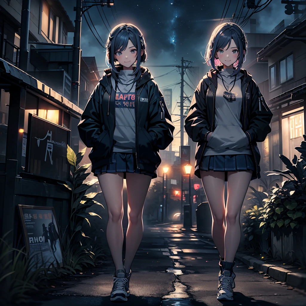 (Best Quality, 8K, hight resolution, masutepiece:1.2, Ultra-detailed, Realistic:1.37, girl, playing instrument, Surreal, oversized hoodie, headphones, Street style, Hands in pockets, one girls[(Dark blue hair、Amber eyes、a short bob、masutepiece、超A high resolution、Cute smile、Detailed limb depiction、Accurate depiction of limbs、Accurate finger depiction、Beautiful body line、beauty legs、Depiction of a beautiful fluorescent large-sized blouson、White High Neck Sweater、Plaid miniskirt、White muffler、White sneakers in large size、)Enlarged portrait of a person、A sexy、Open both legs、dye one's cheeks red、Panchira、] Neon color background、 beautiful night scene、 without background、
