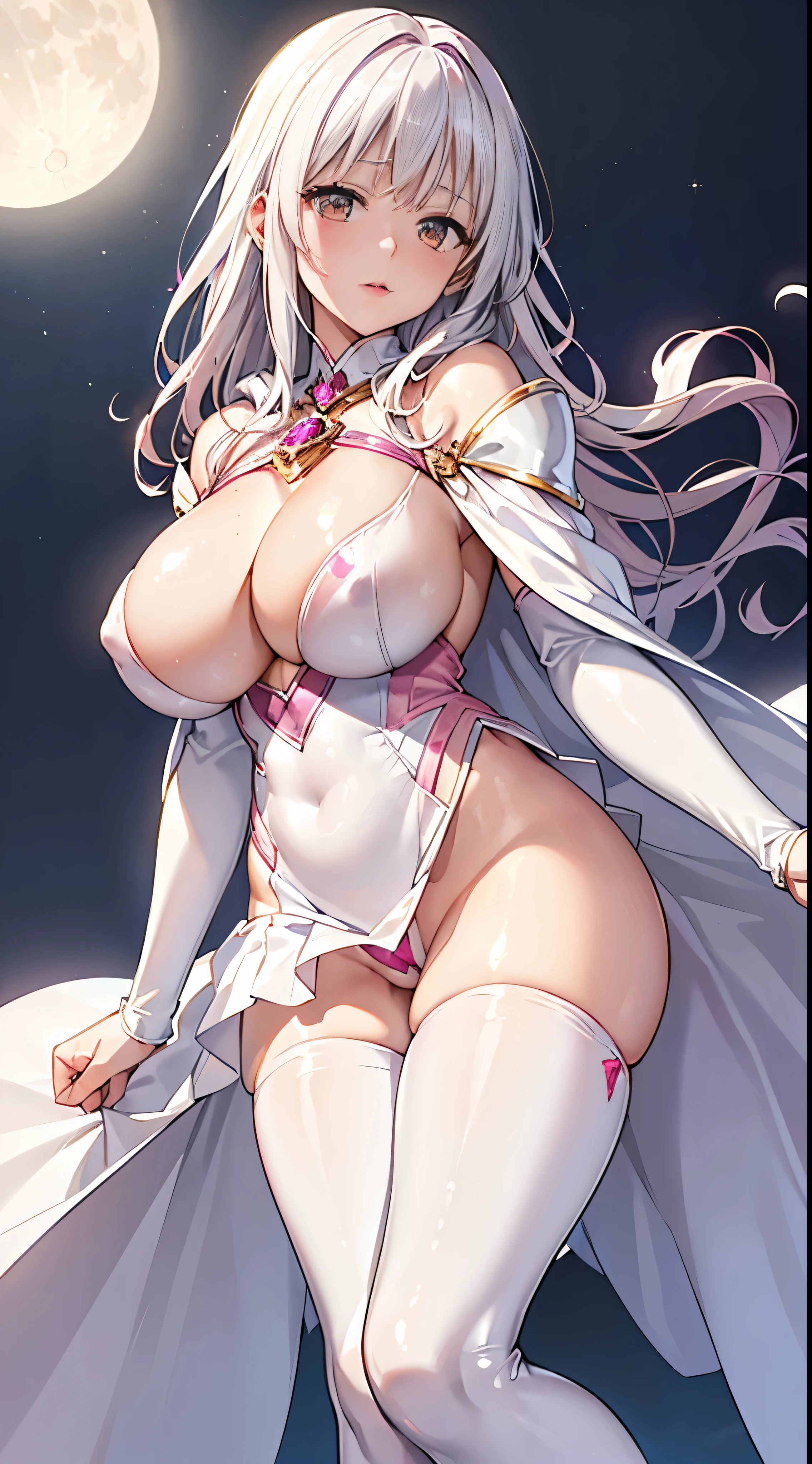 One lady,ars,((White hair) ,((())), ((Colossal tits)), (())(()),((white microskirt,Shiny pink bodysuit and short white cloak)),,(,),((Fantasy,Moon Night))((Clothes are torn))