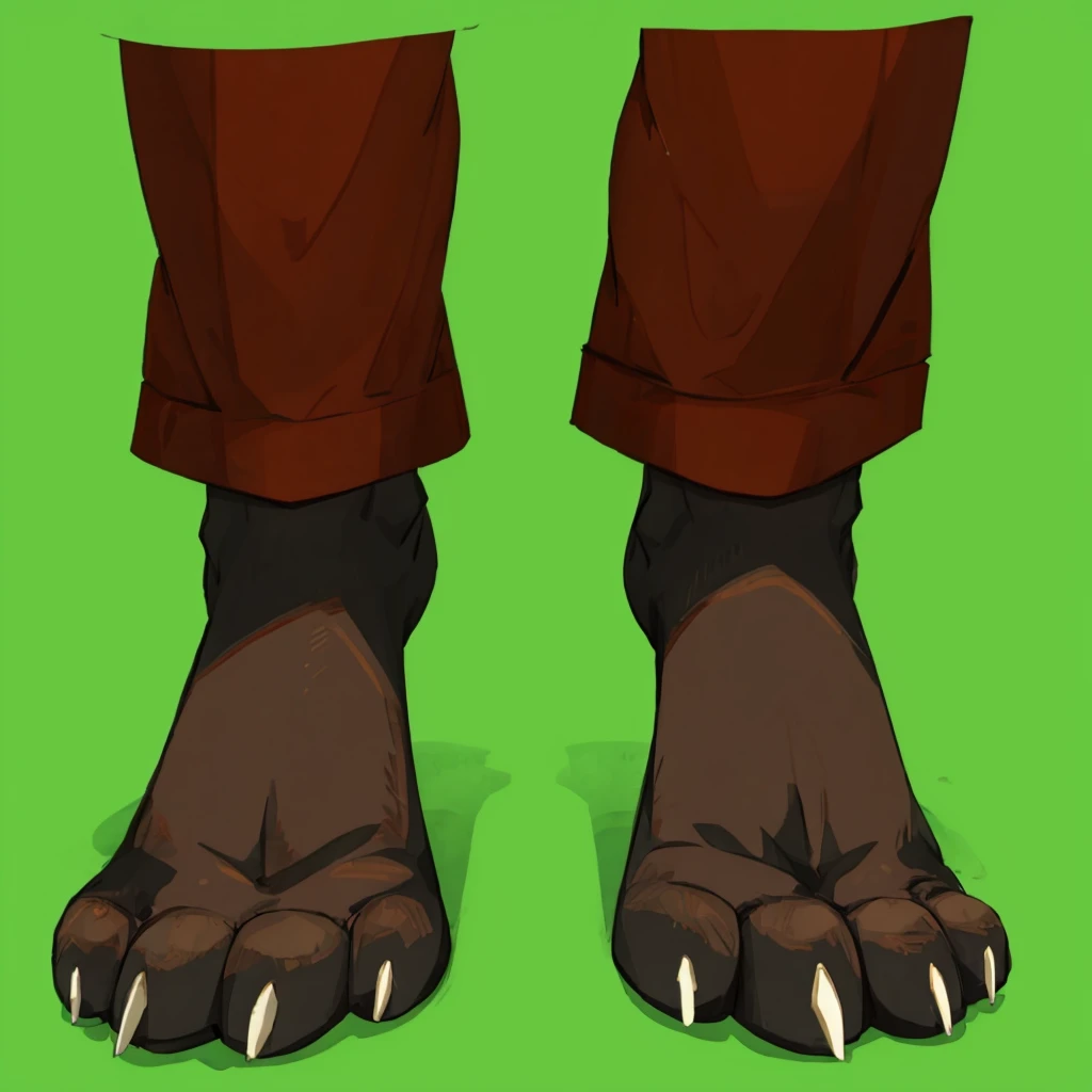 Generate a high-quality image of paws under red pants. The paws is slightly wider feet positioning. The pants should have realistic lighting and shadows to add depth and dimension to the image. The black furry paws should have white nails and a well-defined texture. Ensure that the image has a professional and polished appearance