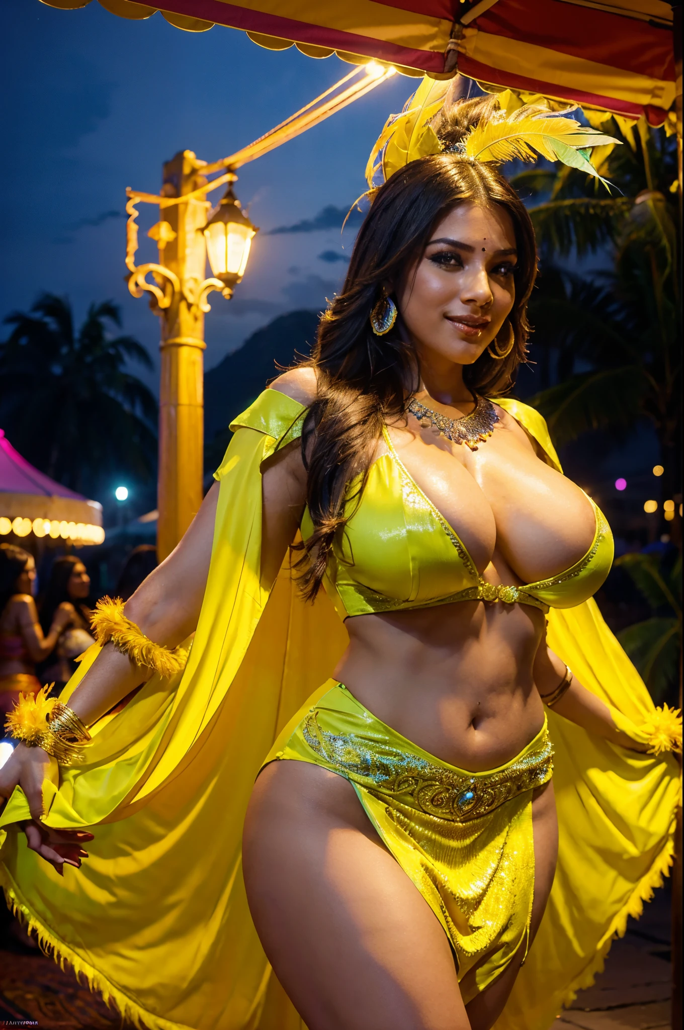 Fantasy setting, bright lights, night scene, rio cranival style, carnival costume, (wearing samba dance dress:1.2), exotic feather costume, cranival parade, outdoor, street background, night sky, romantic and seductive, moonlight, wide angle photo of a indians, 30 yo, vivacious, beautiful legs, mature body, thick thighs, realistic body parts, cheeks, curvy, big breasts, Hollywood lips, long hair, look at viewer and smile, pleasant mood, calm color palette, vibrant colors, unified 16k wallpaper, ultra realistic, intricate details, masterpiece, (cinematic:1.3), (ArtStation:1.2)