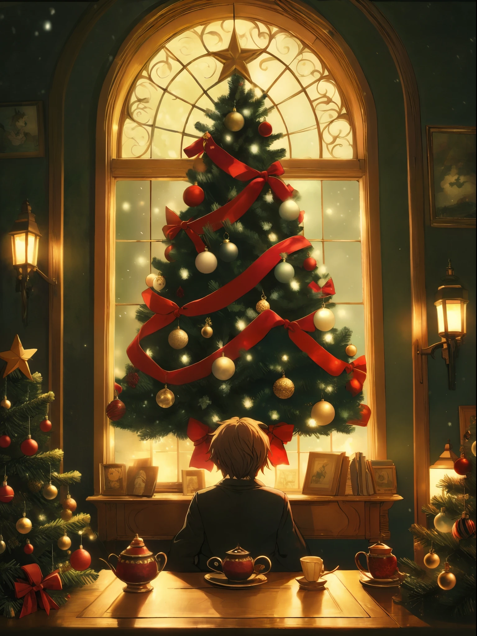 (Best quality at best),(On the table),(ultra - detailed),(Very detailed),There is a big window in the middle of the room.、There is a huge Christmas tree in the center, dark and moody, Brody, fearsome, neonlight, Barroco, Romantic, intricately details, Ray traching, Cinematic, sportrait, Raphael Stone, Craig Mullins and Katsuhiro Otomo, Large upload style, Large upload style, by Ghibli Studio的风格, Akira's style, Miyazaki style, Animate：Madhouse INC, by Ghibli Studio, Howl's moving castle style, Peter More&#39;s style