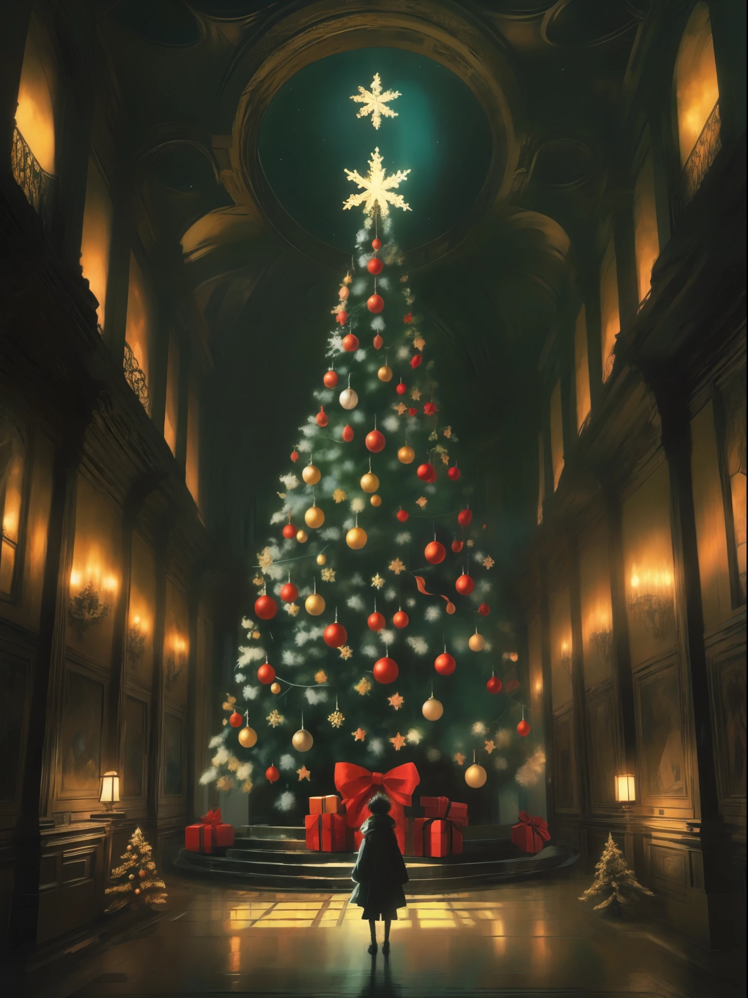 (Best quality at best),(tmasterpiece),(ultra - detailed),(high detal),(The is very detailed),There is a huge window in the center of the room，There is a huge Christmas tree in the center, dark and moody, sullen, fearsome, neon, Baroque, Romantic, Complicated details, Ray traching, Cinematic, sportrait, Raphaelites, Craig Mullins and Katsuhiro Otomo, Megaupload style, Megaupload style, style of by Ghibli Studio, Akira's style, in style of hayao miyazaki, Animate：Madhouse INC, by Ghibli Studio, Howl's moving castle style, Peter More&#39;s style