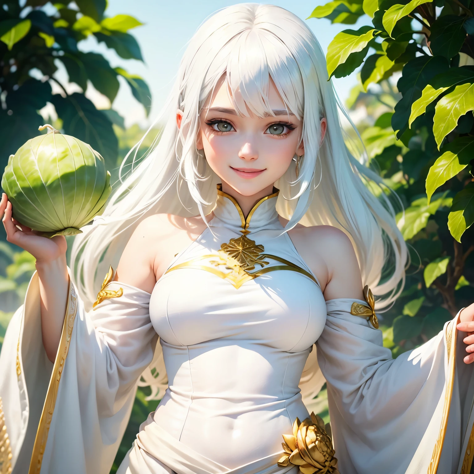 best quality, white hair, gold eyes, white clothes, upper body, hair strand, Fair skin, smiling, she has cabbage