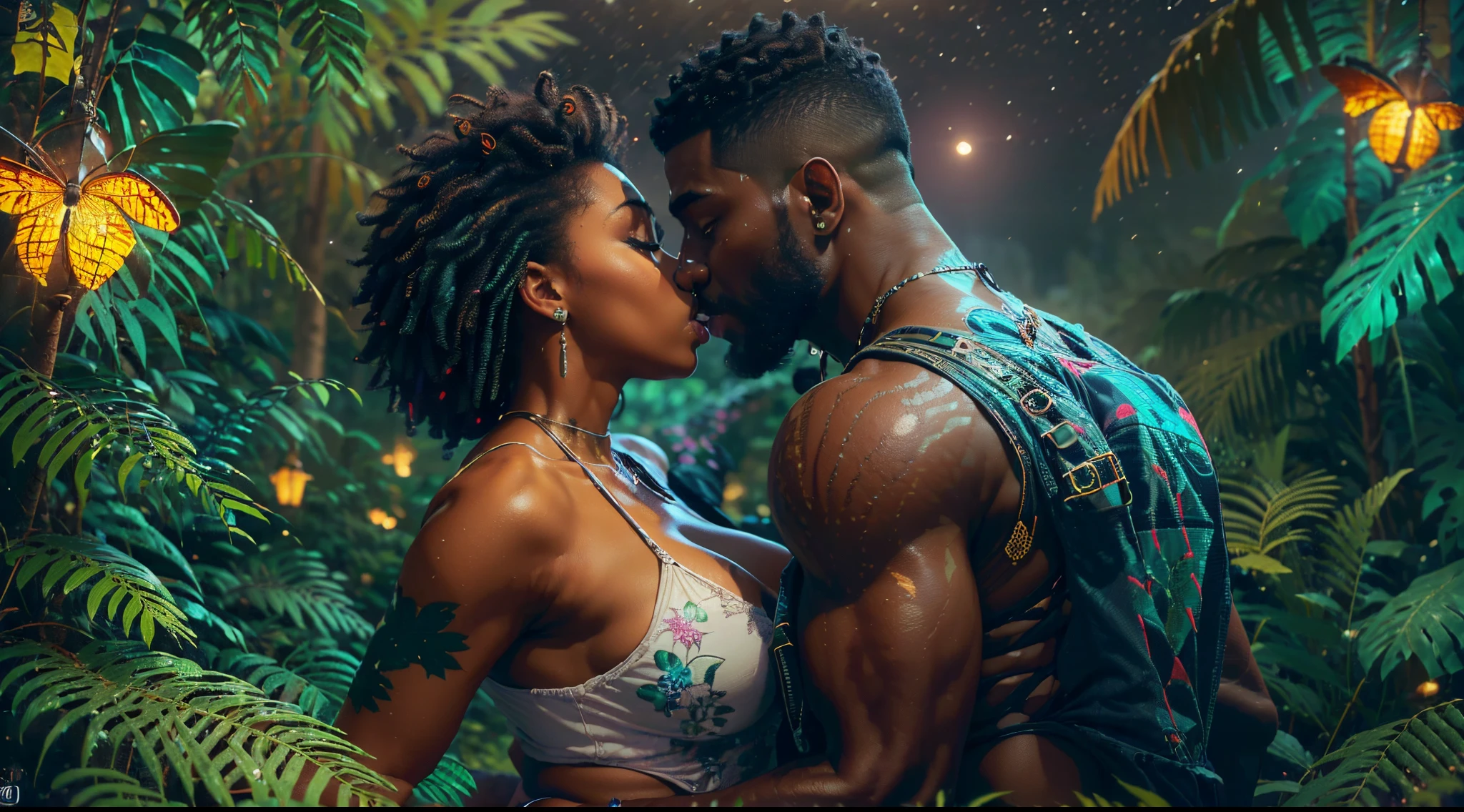 photorealistic, African American couple, kissing, beautiful, dark skin, sexy, (Best quality, 8k, 32k, Masterpiece, UHD), no shirt, 32K wallpaper, romantic forest background, big ass, voluptuous, thick body figure, big lips, glowing skin, nighttime, neon fireflies, passion, affectionate, neon butterflies, night time