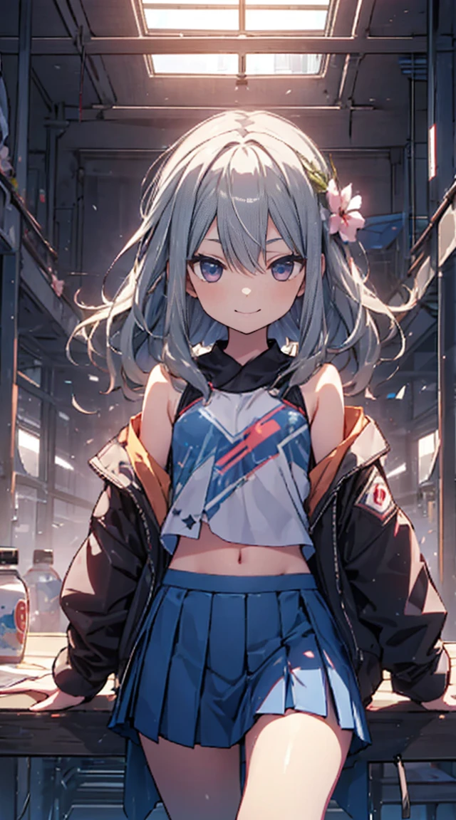 masutepiece, Best Quality,Illustration, Wallpaper, ultra -detail, 1loli、♡、Futomo、Poses in motion、A mischievous smile、Tank tops、a short skirt