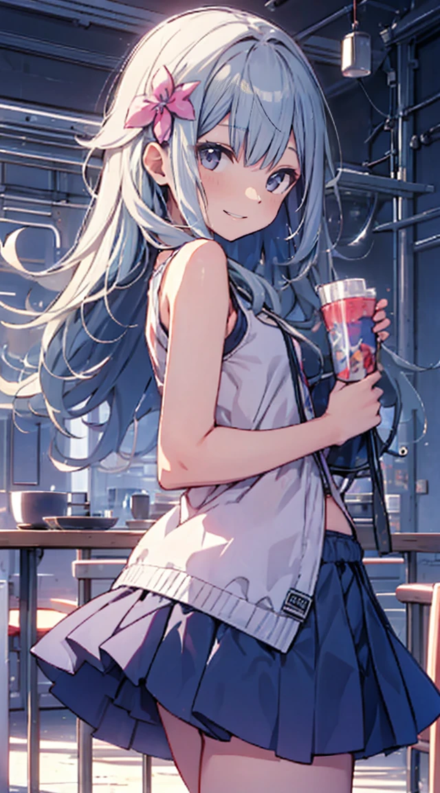 masutepiece, Best Quality,Illustration, Wallpaper, ultra -detail, 1loli、♡、Futomo、Poses in motion、A mischievous smile、Tank tops、a short skirt