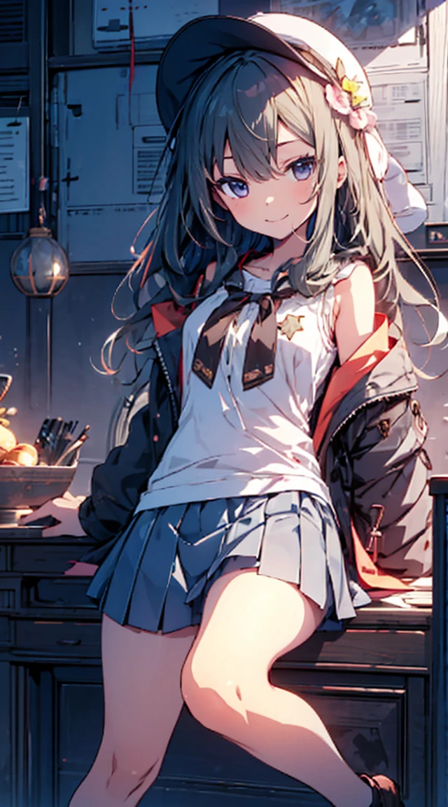 masutepiece, Best Quality,Illustration, Wallpaper, ultra -detail, 1loli、♡、Futomo、Poses in motion、A mischievous smile、Tank tops、a short skirt