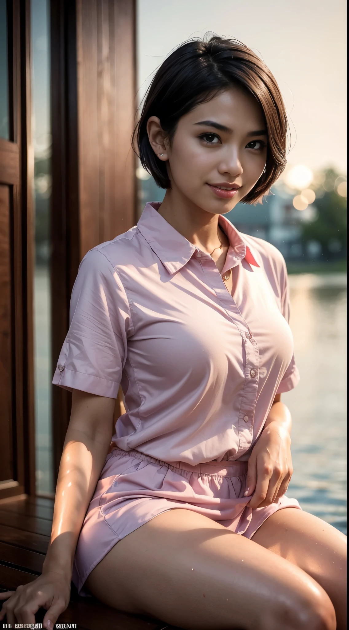 (8k, best quality, masterpiece:1.2), (realistic, photo-realistic:1.37), ultra-detailed, 1 women malay girls,cute, solo,beautiful detailed sky,sitting,dating,(nose blush),(smile:1.15),(closed mouth) big breasts,beautiful detailed eyes,(collared shirt:1.1), (short hair:1.3),(floating hair NovaFrogStyle:1.2), jk,night, pink light, wet, park