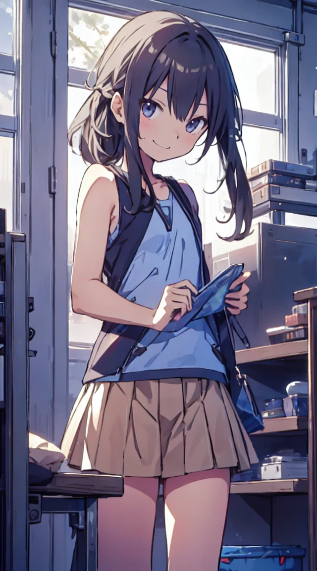 masutepiece, Best Quality,Illustration, Wallpaper, ultra -detail, 1loli、Futomo、Poses in motion、A mischievous smile、Tank tops、a short skirt