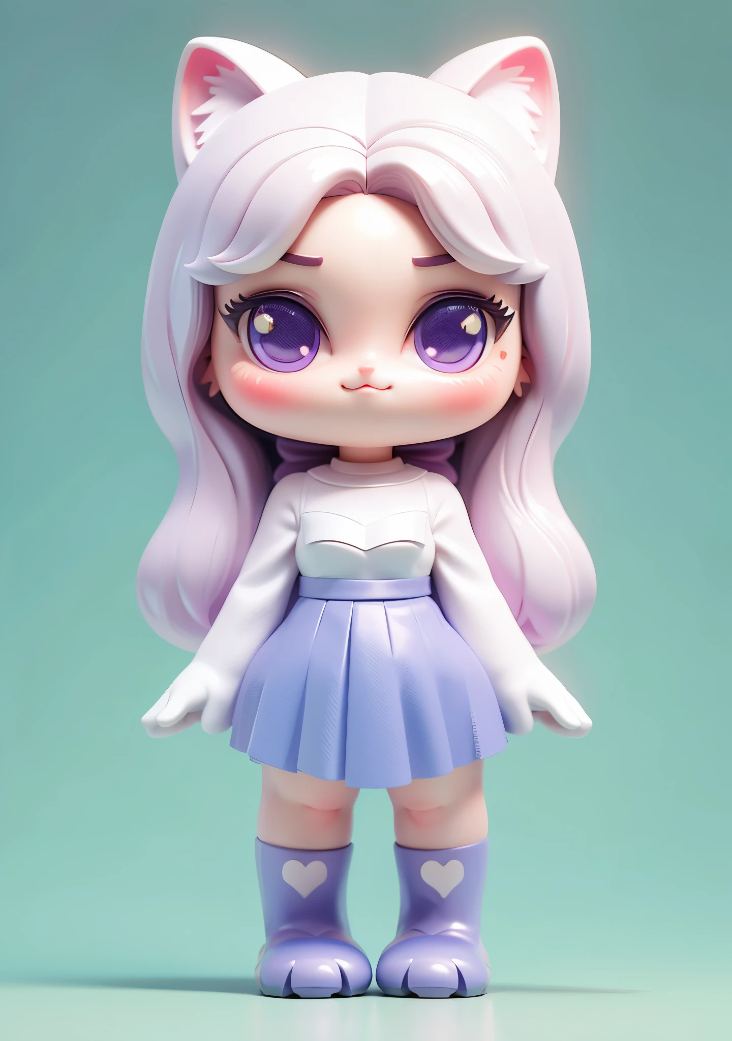 ((Whole body diagram，stand posture)))，(tmasterpiece:1,2, cat-like mouth, Pale color background，Deep purple eyeest quality, tmasterpiece, studio lit,(The content is very detailed CG:1.2), 8K, 3D style, blue skirts)), Very beautiful and cute catwoman, adorable digital art ,Chibi,3Drenderingof, c4d, popular toys, A blind box toy, Disney  style