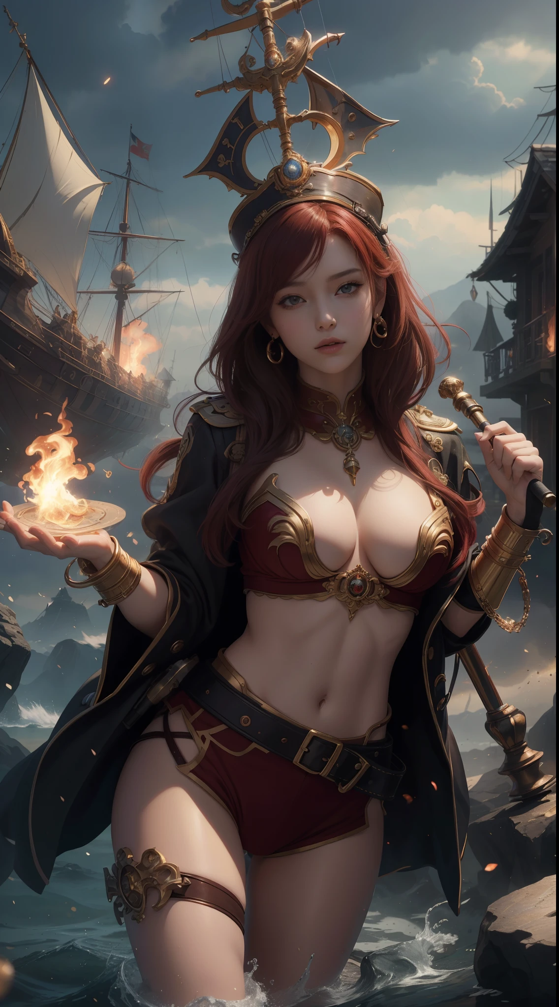 tmasterpiece，Highest image quality，Beautiful bust of a noble pirate girl，Exquisite red super short hairstyle，tying  hair，Clear golden eyes，Hand-held fire hammer，Age of Discovery Pirate Suit，Ultra-detailed details，advanced。At the Pixiv Art Station，Break your own power，Louie，Big breasts exposed，R-18G