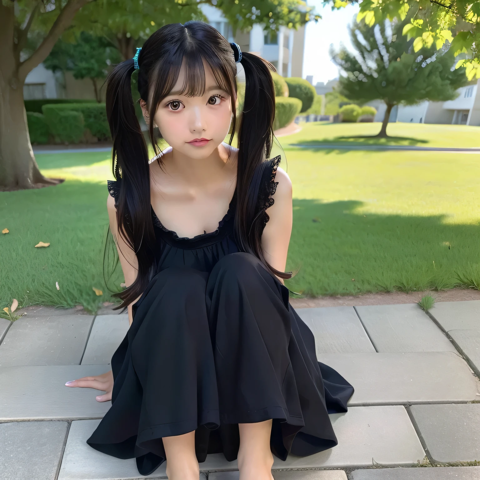 masutepiece, Best Quality, Insanely detailed, Solo, 1girl in, Black hair, Barefoot, Medium Hair, Twin-tailed, Sitting, Looking at Viewer, Dress, Realistic, Simple background