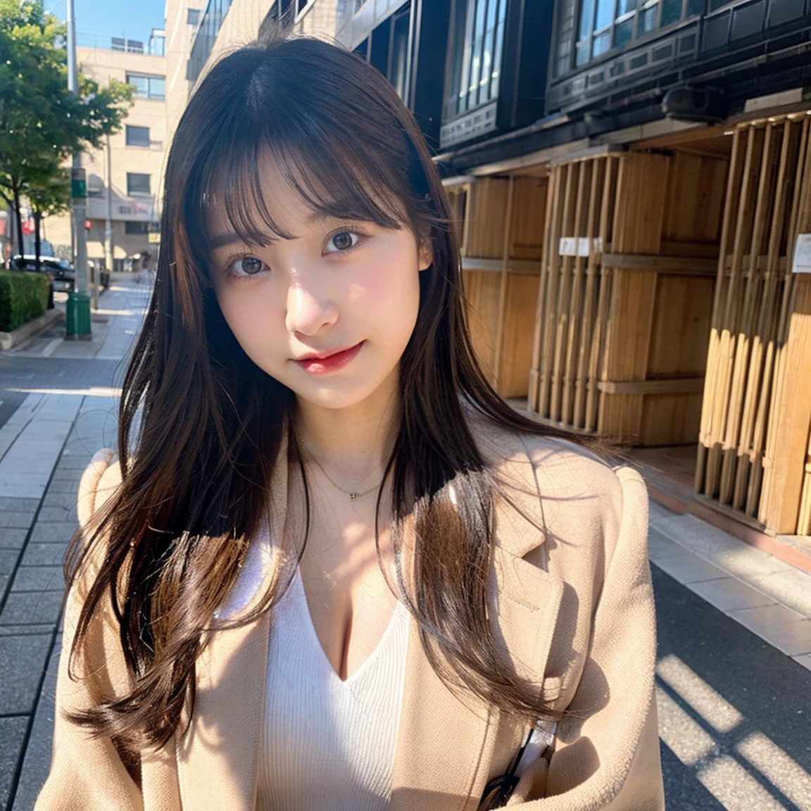 top-quality、超A high resolution、(Photorealsitic:1.4)、女の子1人, overcoat、muffler,college、cleavage、