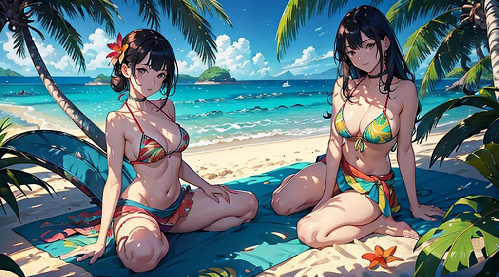 ​masterpiece、top-quality、超A high resolution、 [ 4 k digital art ]!!、 8k high quality detailed art、Wallpaper、 Detailed Digital Anime Art、Realisticity、Cinema Angle、hposing Gravure Idol、(((Three Women)))、(((Full Body Portrait of a Beautiful Woman)))、cute  face、 (Detailed depiction of a beautiful face)、kindly smile、、年轻、Bikini swimwear、(Ethnic patterns and primary colors wrapped around the waist and skirt)、Photorealistic perfect body、(((Beautiful tropical beach landscape photography)))、light Particle、llight rays、Tropical、Against the background of palm trees、on a sunny beach、Against the background of the sea、blur backgroun、