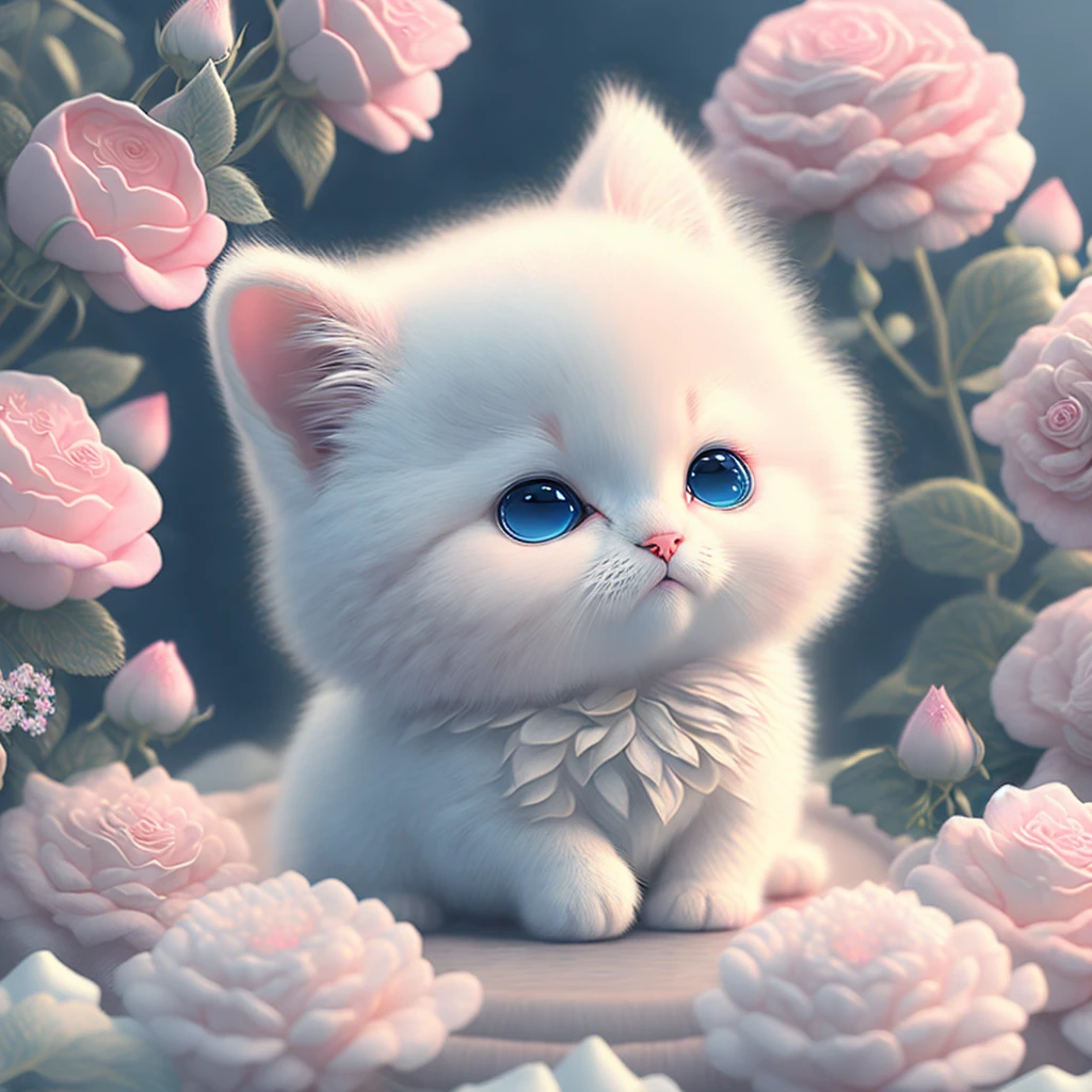 In this ultra-detailed CG art,Cute kitten surrounded by ethereal red roseest quality at best,A high resolution,Complicated detailanciful,cute animal