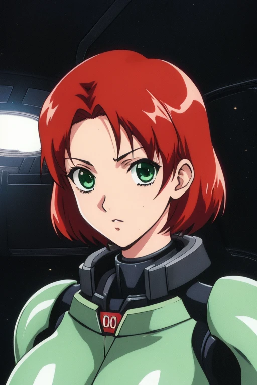 (2000s anime cels style:1.2), retro anime, 2000s anime, 2000's esthetics, best quality, high resolution, solo, indoors, retro anime, Jane, solo, short hair, red hair, green eyes, Shepard, black power armor, standing, upper body, N7, space pod, full body portrait