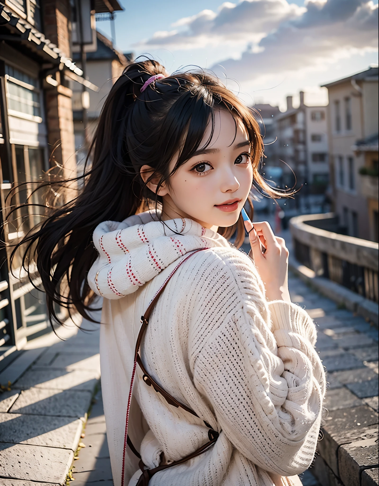1girl in, Fisheye, Selfie, Wind, hair messy, Sunset, Cityscape, (Aesthetics and atmosphere:1.2),Beautiful woman smiling、8K、An ultra-high picture quality、japanes、1 woman around 20 years old、Beautie、kawaii faces、目鼻立ちの整ったBeautie、