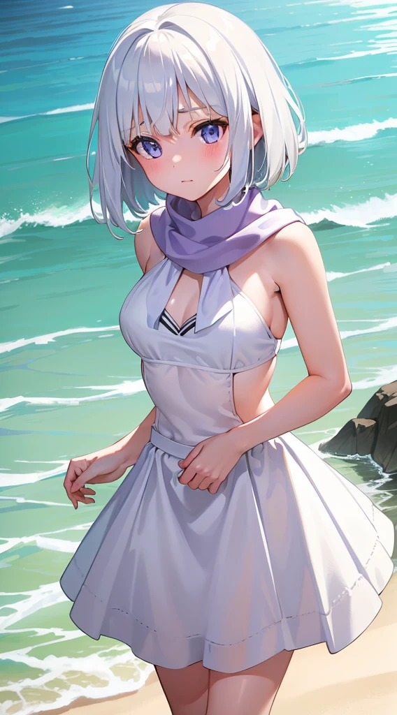masterpiece, best quality, 1 solo girl, white hair, purple eyes, short hair, medium breasts, mature body and face, wavy hair, white bikini, white swim skirt, scarf, beach, white sand, beach ball, summer, leg up, cowboy shots, detailed body, face, and eyes, sharp focus, vibrant, creative, dynamic, high definition, high resolution, 8k, (Upscale: R-ESRGAN 4x+ Anime6B), (Image enchance:4x), voluptuous body