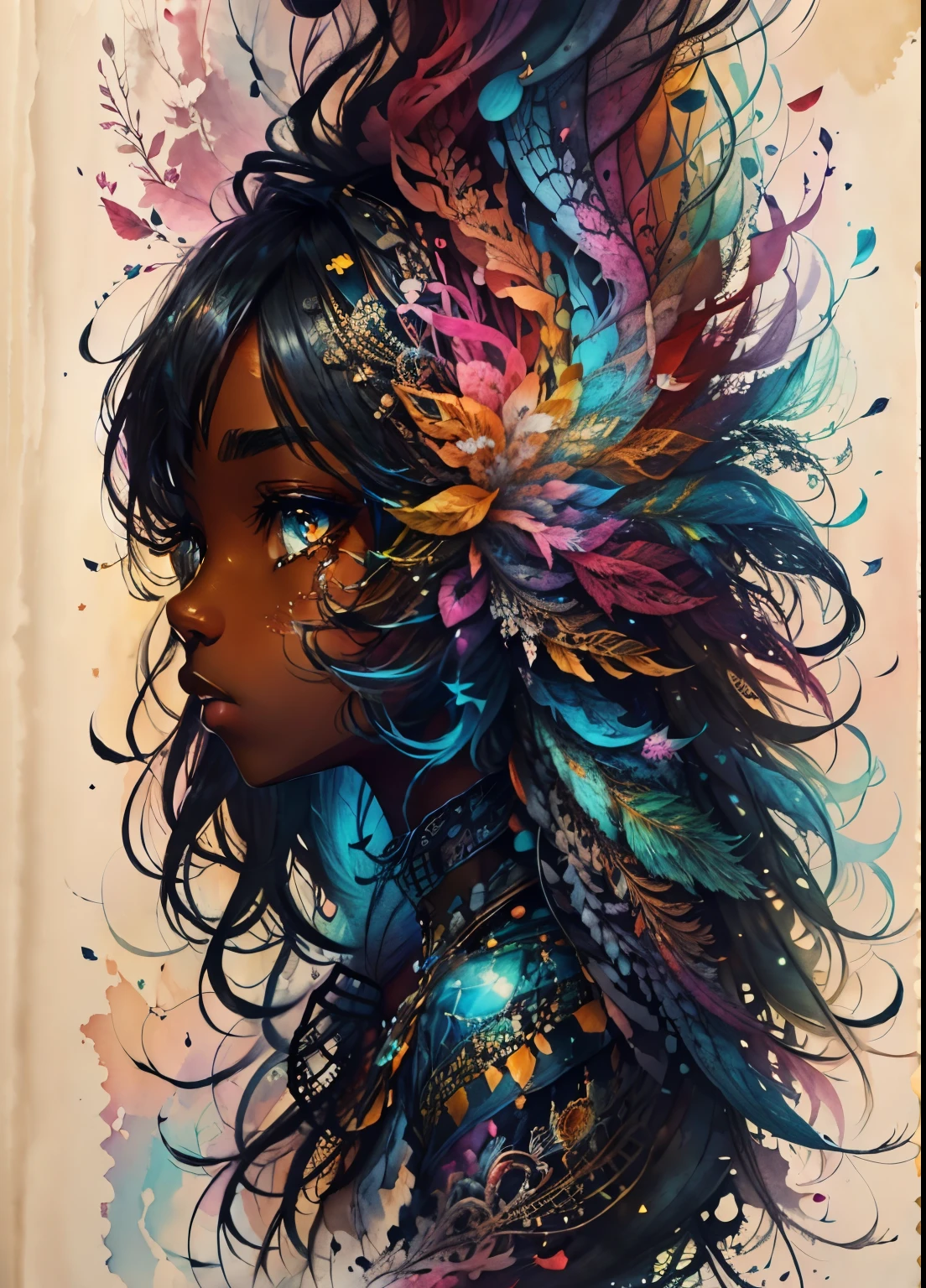 colorhalf00d,, top-down view of a black woman, feathers, acceptance, sadness, watercolor background, vibrant, beautiful distinctive eyes, intricate, highly detailed