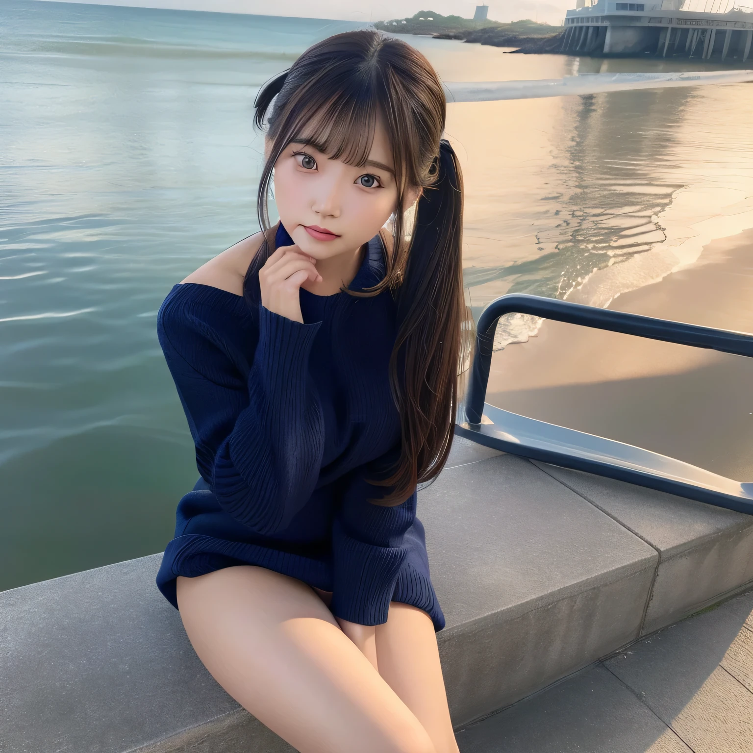 masutepiece, of the highest quality, ighly detailed, Solo, 1girl in, Dark hair, Barefoot, Medium Hair, Twin tail, Sitting, gazing, navy blue knit sweater dress, Realistic, Simple background, Not wearing pants, Clean buttocks