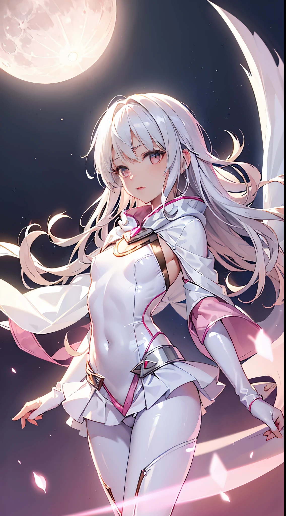 One lady,ars,((White hair) ,((())), ((Medium chest)), (())(()),((White microskirt,Shiny pink bodysuit and short white cloak)),,(,),((Fantasy,Moon Night))((Clothes are torn))