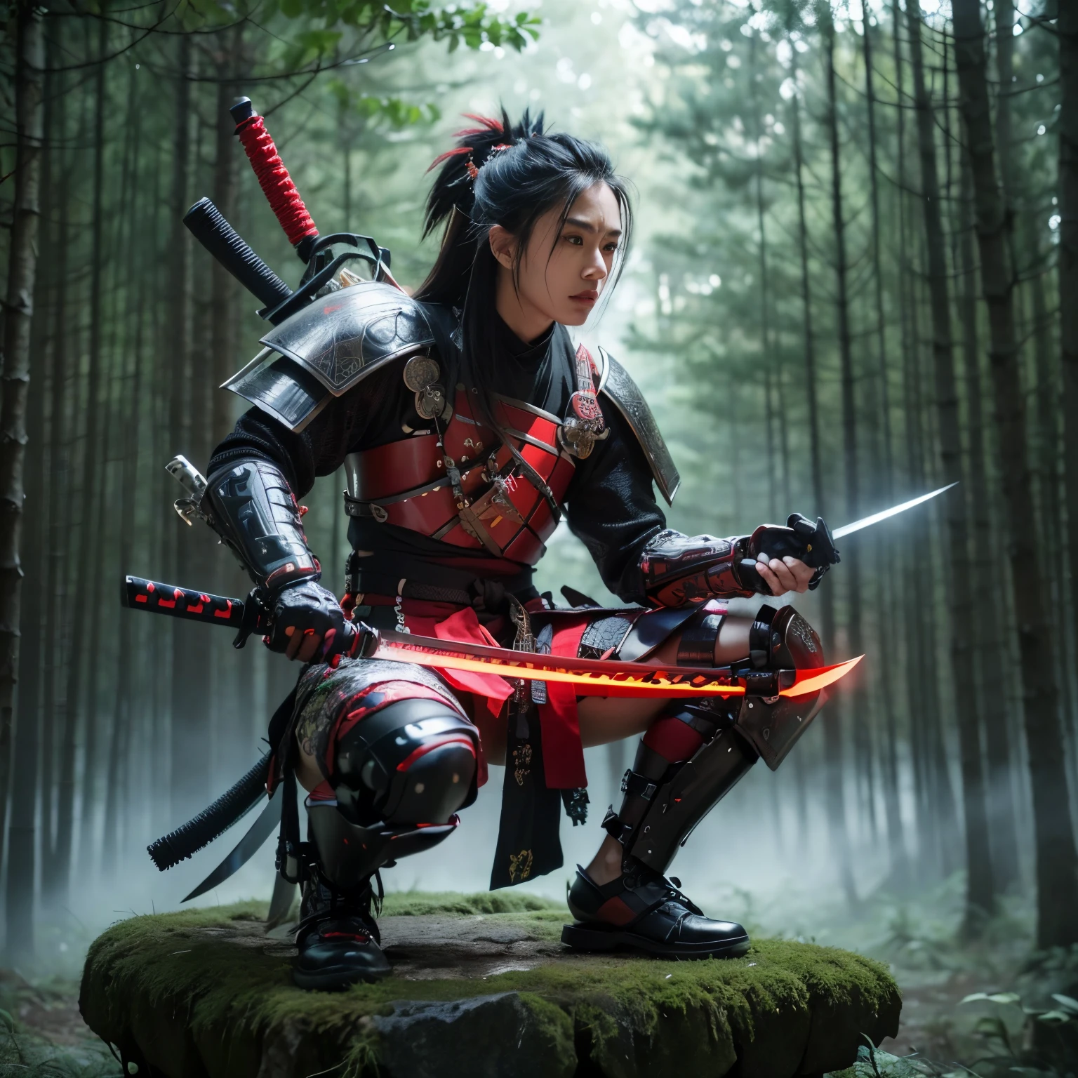 a close up of a person with a sword in a forest, cyberpunk samurai, neon samurai, cyborg samurai, very beautiful cyberpunk samurai, cyborg ninja, portrait of a cyberpunk samurai, badass anime 8 k, demon samurai, fractal cyborg ninja background, bio - mechanical ninja samurai, demon samurai warrior, the red ninja, mystic ninja, samurai jedi, samurai