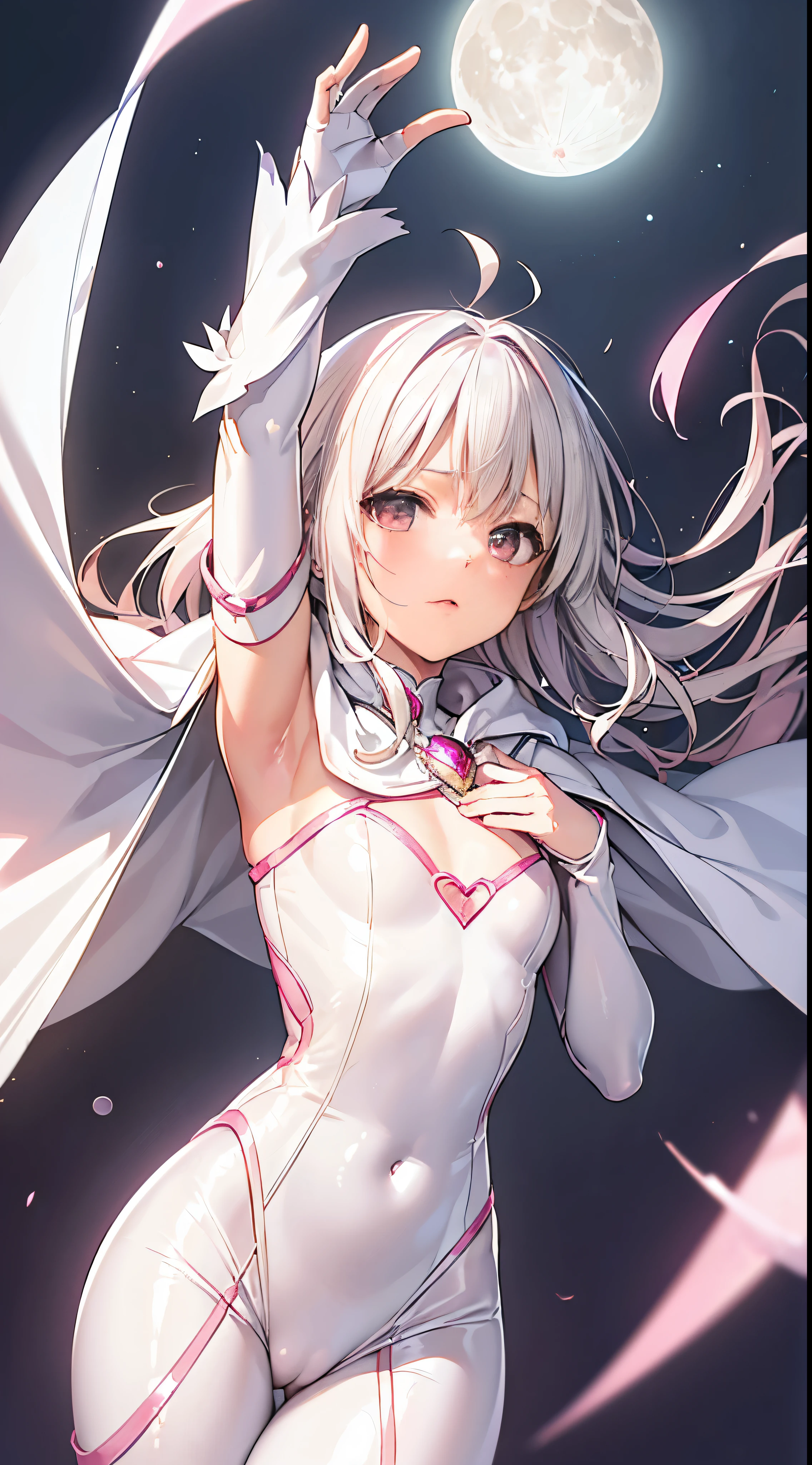 One lady,ars,((White hair) ,((())), ((Medium chest)), (())(()),((white microskirt,Shiny pink bodysuit and short white cloak)),,(,),((Fantasy,Moon Night))((Clothes are torn))
