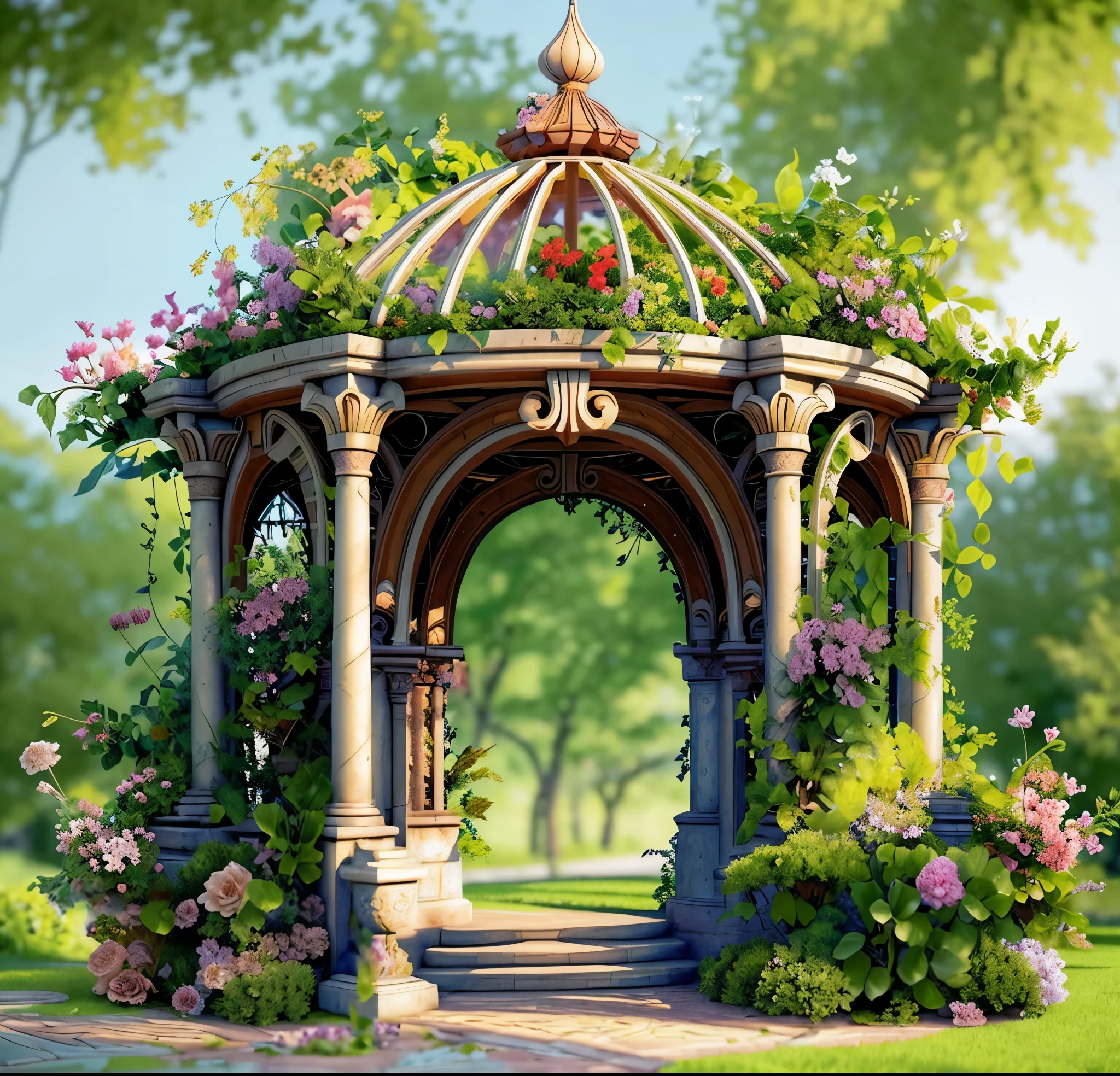 There is a gazebo,full of flowers and vines, royal garden background, beautiful render of a fairytale, , beautiful high resolution, Garden background, dreamy and detailed, Detailed landscapes, background artwork, high detal), well rendered, floral environment, pillars, Beautiful images, realistic garden, gazebo, arbor