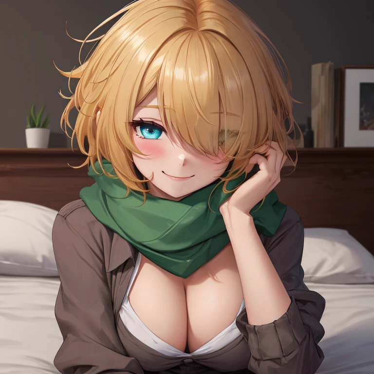 (({{masterpiece,best quality,ultra-detailed}}))  1girl,wariza,on bed, looking at viewer,innocent smiles、white fishnet stockings、((A detailed face))、(Detailed skin)、blonde short hair, red hair band, bangs, green scarf ,upper body, hair over one eye ,hair over one eye ,blue eyes,holding ,cleavage, pantyhose ,