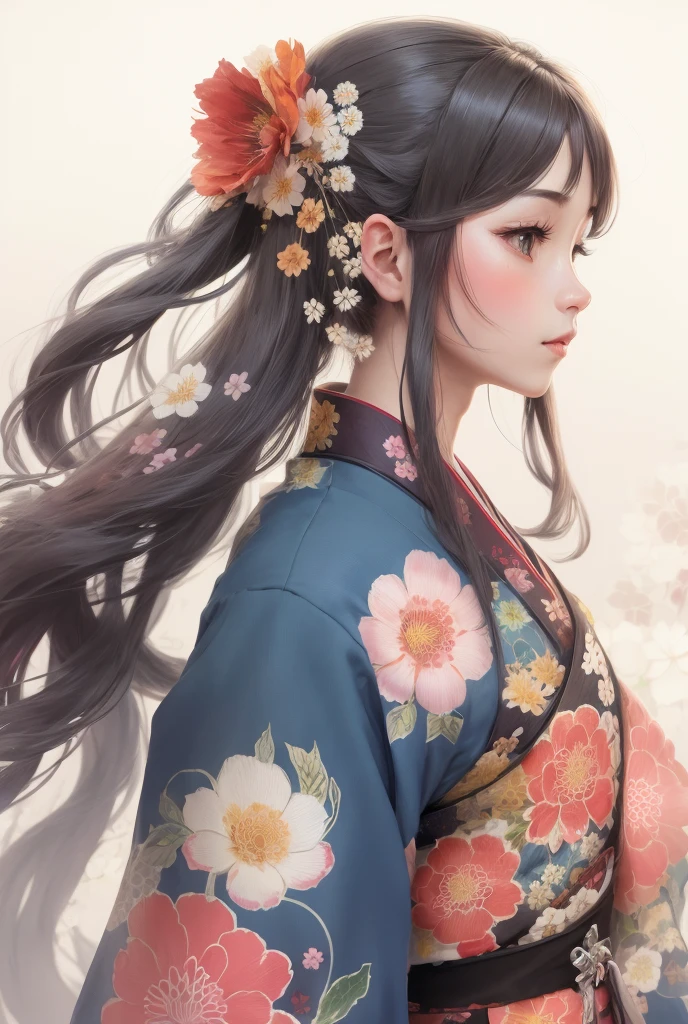 Make it a color illustration,Painting of a beautiful woman with long hair and flowers in her hair, Chinese style kimono,Vibrant colors,colourfull,drawing abstract background,Teenage woman,Dignified,Facing to the side,nape,Refreshing breeze,Flowing hair,美丽的面容,17 age,tied up hair,Tuft ornament,,Draw the details of a kimono with an intricate floral pattern,​masterpiece,Appropriately blurred to look like a watercolor illustration,Japanese anime style coloring