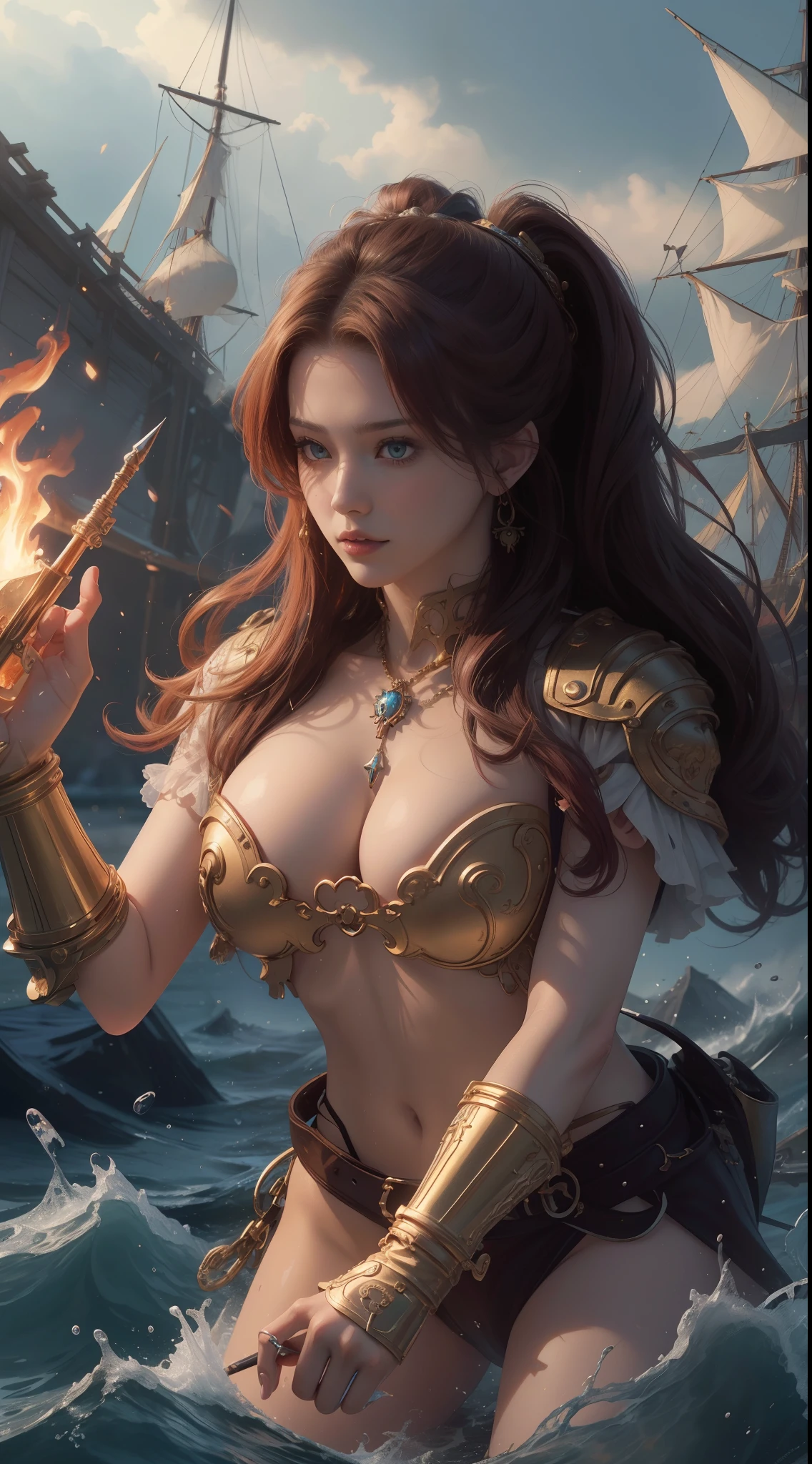 tmasterpiece,Highest image quality,Beautiful bust of a noble pirate girl,Exquisite red super short hairstyle,tying hair,Clear golden eyes,Hand-held fire hammer,Age of Discovery Pirate Suit,Ultra-detailed details,advanced。At the Pixiv Art Station,Break your own power,Louie,Big breasts exposed,R-18G