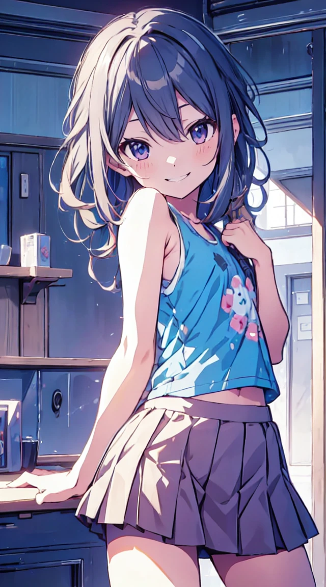 masutepiece, Best Quality,Illustration, Wallpaper, ultra -detail, 1loli、♡、Futomo、Poses in motion、A mischievous smile、Tank tops、a short skirt