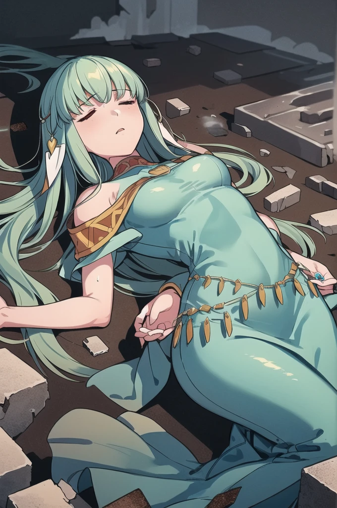 Ninian is lovingly languid in active castle battle after losing a tough battle, lieing lifeless and inert on debris, rubble, and smoke surrounds her. Ninian is in a terrible and weak state. Her tea-length dress has brown dust and black bruises on it; Ninian takes slow and painful breaths and her blue and gold open-toe stilletos lie beside her. She cannot move from her prone position lieing on her back, unable to open her eyes or breath. (Ninian), (blue hair, blue eyes, small shapely breast, long hair, clammy and dirty face), (Dress), (long tea-length blue drenched dress, bare shoulders, more small jewlery, brown dust and black marks on dress, languid in a dark grey murky castle battle, anguished facial expression, closed eyes, open mouth, shallow labored painful breaths) (anguished closed eyes:1), (Ninian languid, prone on her back, defeated in rubble, heavy smoke, and metal shards around her:1.5), Ninian is listless and motionless in a dark grey smokey castle:1.0, Ninian is sullied and dirty:1.2, (Ninian lieing in debris and a dust cloud:1.0), inside has rubble and dust and scraps of metal, two blue and gold open-toe stilletoes around her (4K quality, high quality, 4k quality Ninian and dress:1.0), (solo, one person, 1girl:1.5), ninian fe, red eyes, long dress, jewelry, dancer