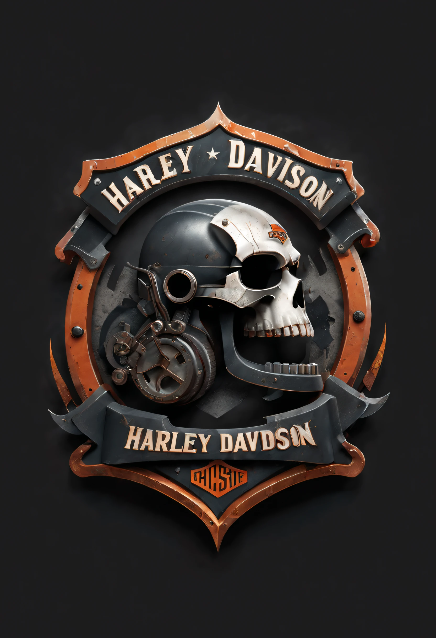 Harley Davidson logo design,t shirt design,beefy style,design only,white background,no model,professional,high contrast,high-res,ultra-detailed,vivid colors,metallic accents,sharp focus,edgy,dynamic composition,gritty texture,rough brush strokes,mechanical elements,chrome effect,classic typography,retro style,distressed look,aggressive lines and curves,3D rendering,striking visual impact,dark shadows,strong branding presence,monochromatic palette,industrial aesthetic