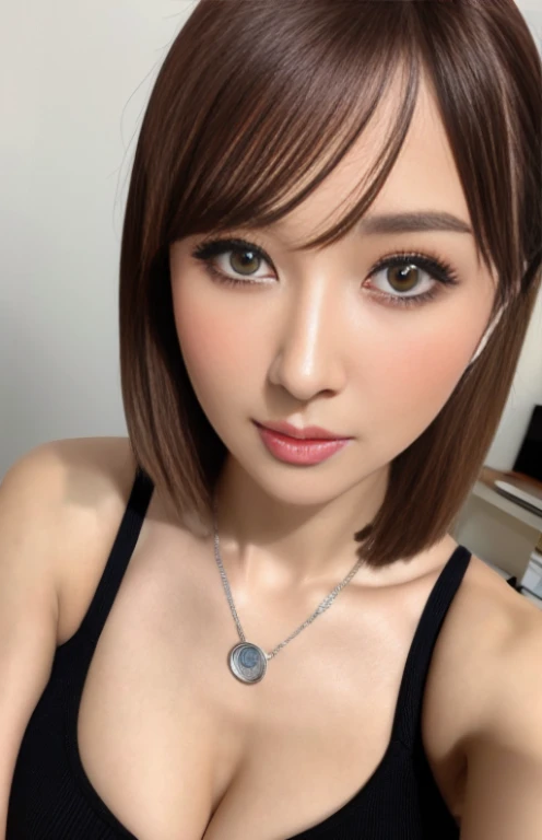 realistic photo shot, Studio portrait of attractive and attractive 40 year old European woman with white skin, chestnut with silver hair streaks, Short haircut, Oval face with a warm and friendly expression, Small thin lips, sharp seductive brown eyes, subtle makeup. she is a perfect hourglass figure, tall, large full breasts, Posing in a tight unbuttoned beige office shirt, Black mini skirt with side slits, thin pendant necklace, strap heels.. Perfect eyes, matching eyes, Highly detailed, intricate-detail, Professional, masutepiece, 4K, awardwinning photo