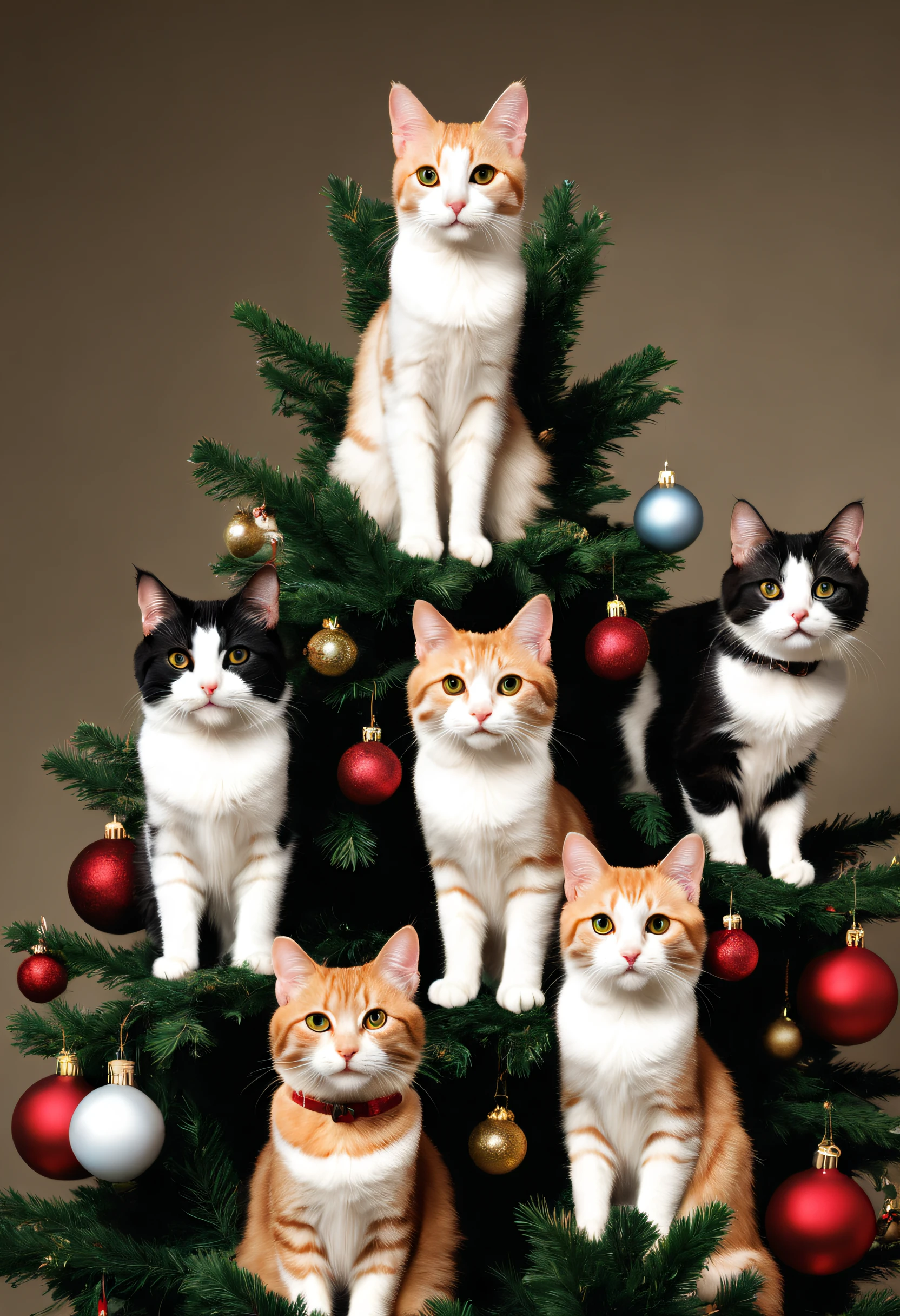 a close up of a bunch of cats sitting on top of a christmas tree, cats! are around, catscatscats, cat tower, cats party, cats, very accurate photo, cat masterpiece, christmas tree, tree's, meeting of the cats, with a tree in the background, crazy cat lady, with a tall tree, full trees, new cats movie