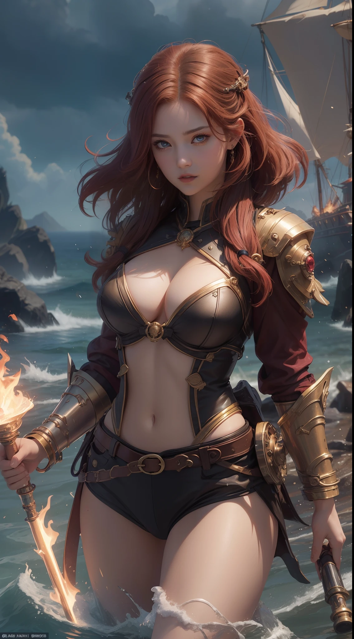 tmasterpiece，Highest image quality，Beautiful bust of a noble pirate girl，Exquisite red super short hairstyle，tying  hair，Clear golden eyes，Hand-held fire hammer，Age of Discovery Pirate Suit，Ultra-detailed details，advanced。At the Pixiv Art Station，Break your own power，Louie，Big breasts exposed，R-18G