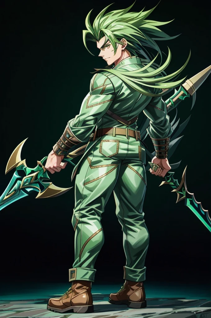 a man with a sword and a green outfit, handsome guy in demon slayer art, male ranger, trigger anime artstyle, inspired by Zoltan Boros, an emerald warrior, fighting game character, detailed anime character art, character artwork, official character art, mobile wallpaper
